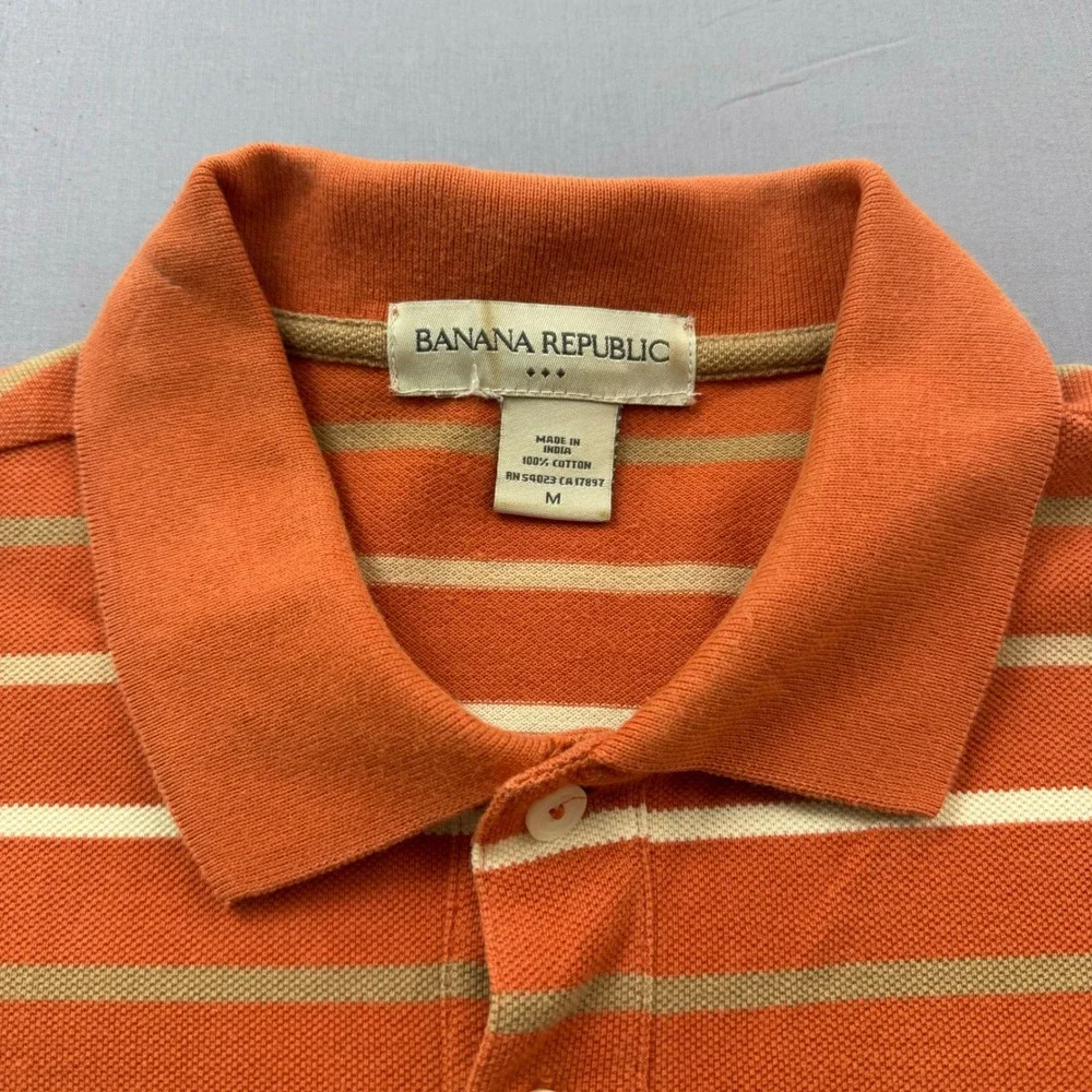 Banana Republic Mens Orange Striped Polo Shirt Medium Cotton Pique‎ Short Sleeve